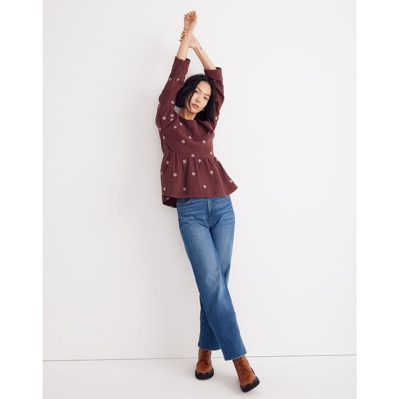 Madewell Embroidered Lightspun Peplum Open-Back Top Vintage Mulberry Red M - Picture 3 of 12